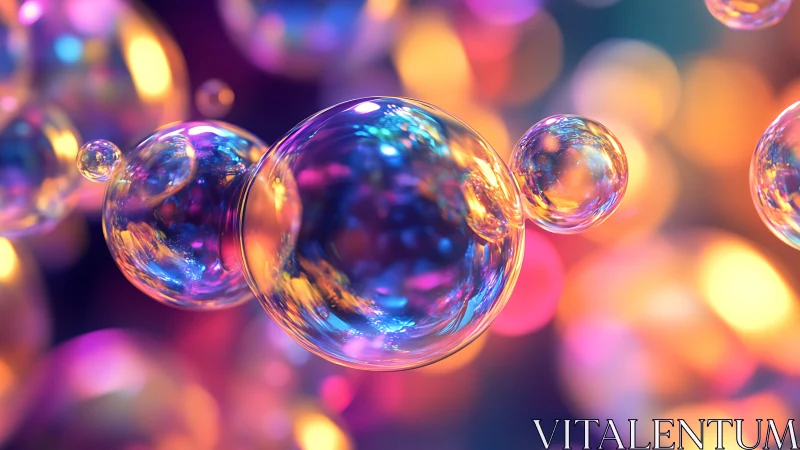 Iridescent soap bubbles floating through neon bokeh haze.