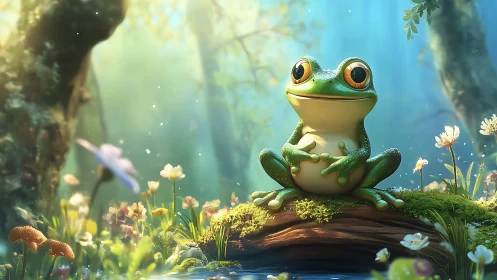 Cheerful tree frog rests in a glowing enchanted forest glade