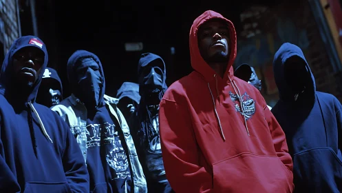 Urban night portrait of hooded street group under hard blue light.