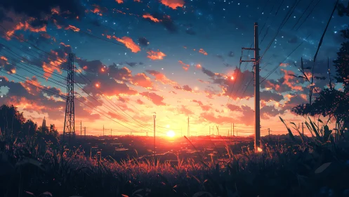 Sunset silhouettes rural power lines in glowing evening sky.