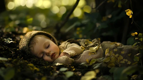 Slumbering cherub nestled within nature's golden embrace.
