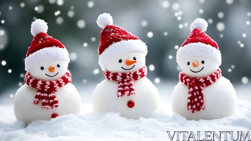 Cheerful snowman trio sharing cozy scarves and smiles.