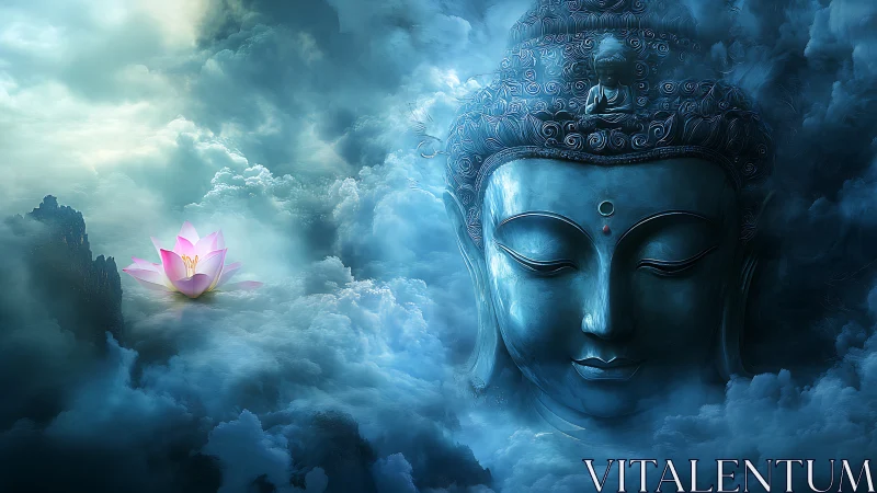 Serene Buddha visage emerges within luminous storm clouds