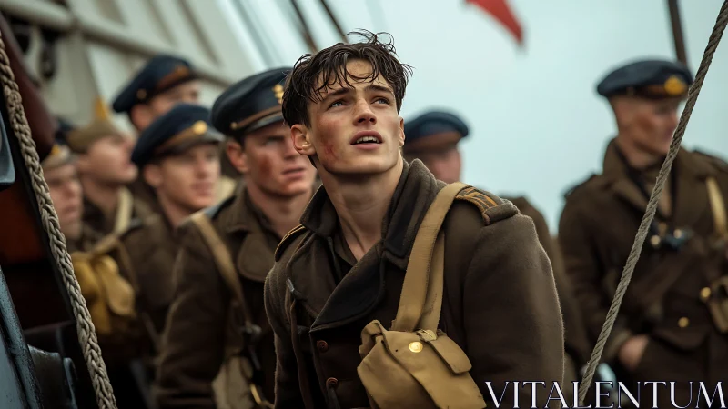 Young naval officer gazes upward amid wartime ship crew.