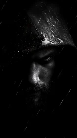 Low key hooded portrait in rain with cinematic chiaroscuro