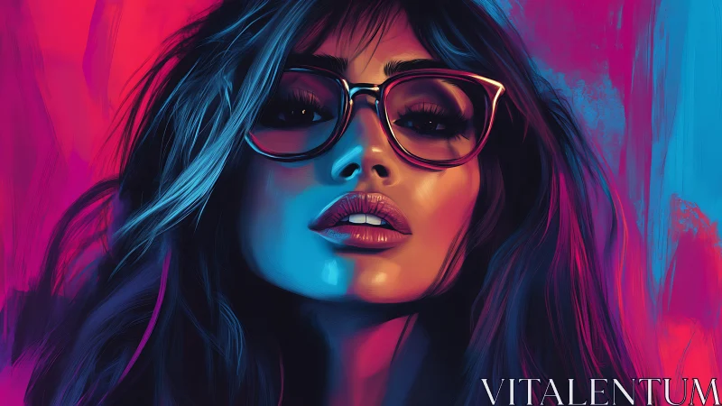 Neon-lit digital portrait of woman in glasses close-up.