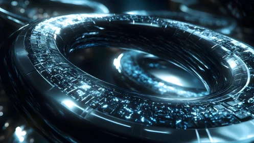 Futuristic metallic torus with glowing digital patterns in blue light.