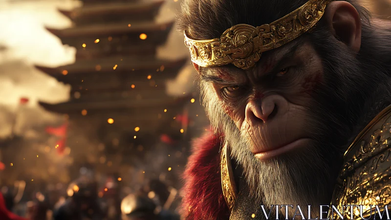 Mythic warrior monkey gazes over burning imperial city.