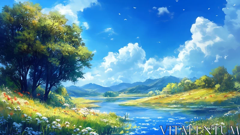 Digital landscape of river, meadow, distant hills, and clouds.