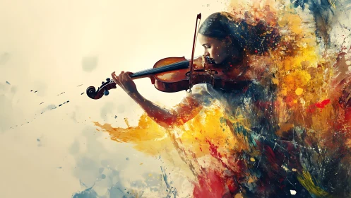 Violinist in dynamic color burst with abstract paint dispersion
