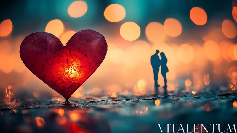 Red Heart Glowing Against Bokeh Lights and Silhouetted Couple.