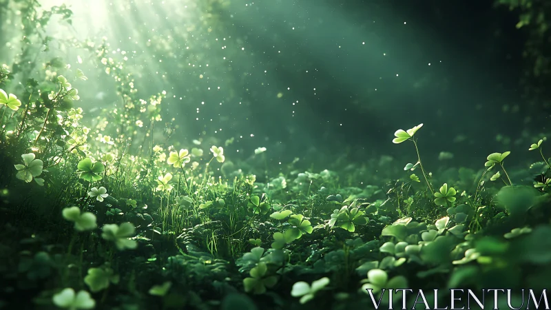 Volumetric sunlight across macro clover understory field.