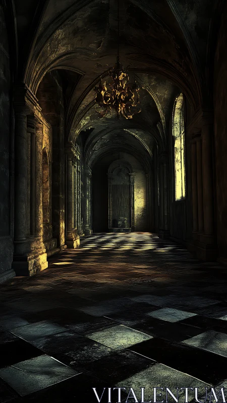 Gilded chandelier broods above a shadow-soaked stone hall.