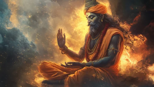 Divine sage in fiery celestial meditation, digital painting.