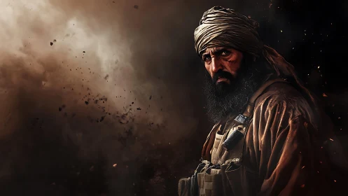 Bearded man in tactical gear stands beside dense dust cloud