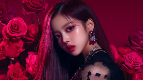 Glamorous woman in red floral studio portrait setting.