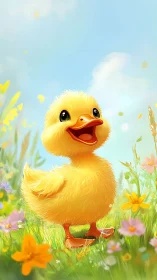 Bright duckling character rendered with soft-focus floral foreground