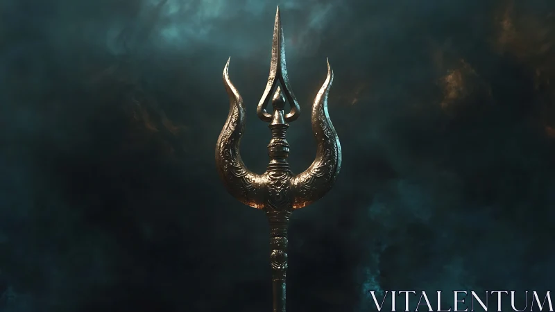 Ornate metallic trident rendered in atmospheric volumetric light.