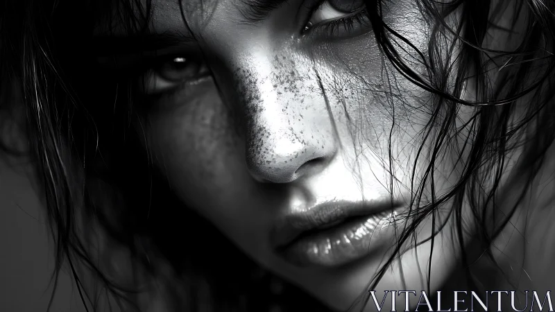 Intense black and white close-up of wet freckled face.