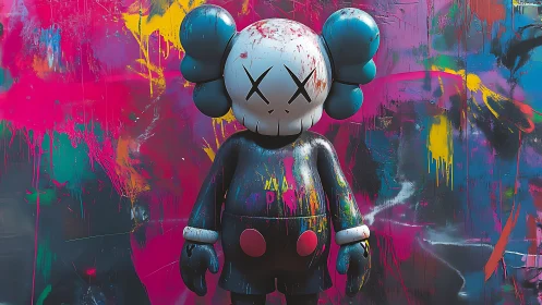 Graffiti-splattered cartoon figure against vivid mural wall.