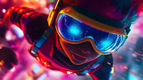 Futuristic Teen with Neon Goggles in Dynamic Cyberpunk Style.