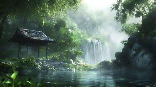 Shaded riverside pavilion facing tiered waterfall in mist