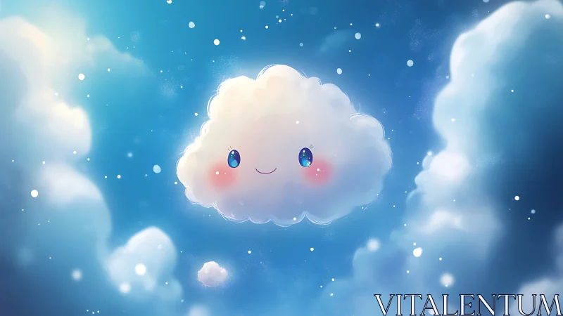 Smiling kawaii cloud floats softly in a dreamy blue sky.