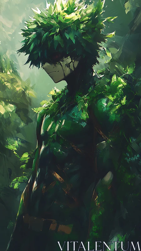Forest guardian warrior stands cloaked in living leaves.