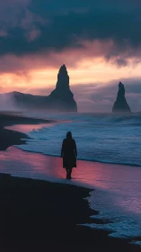Solitary Wanderer Gazes at Ocean's Majestic Rock Towers.