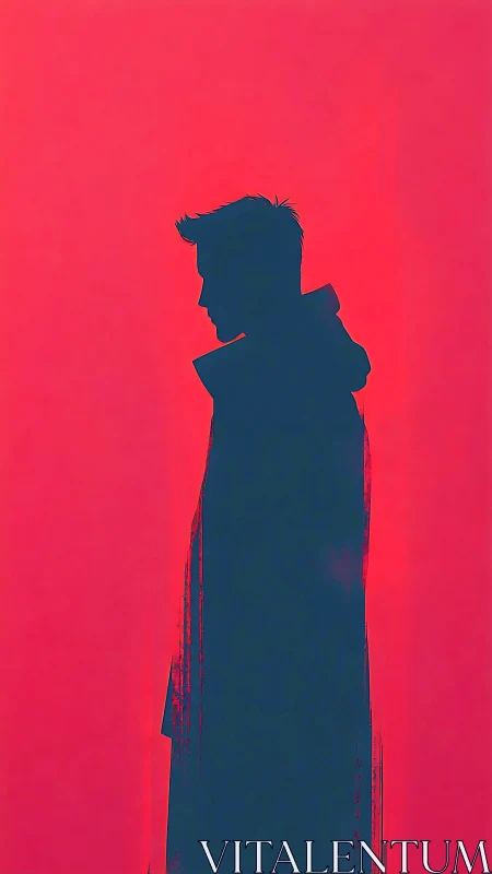High-contrast male silhouette in elongated cloak against neon magenta