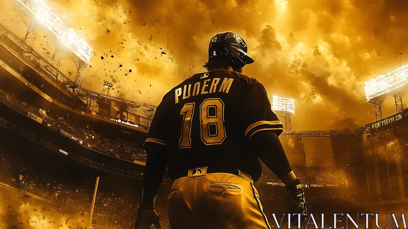 Backlit baseball slugger amid explosive golden stadium sky.
