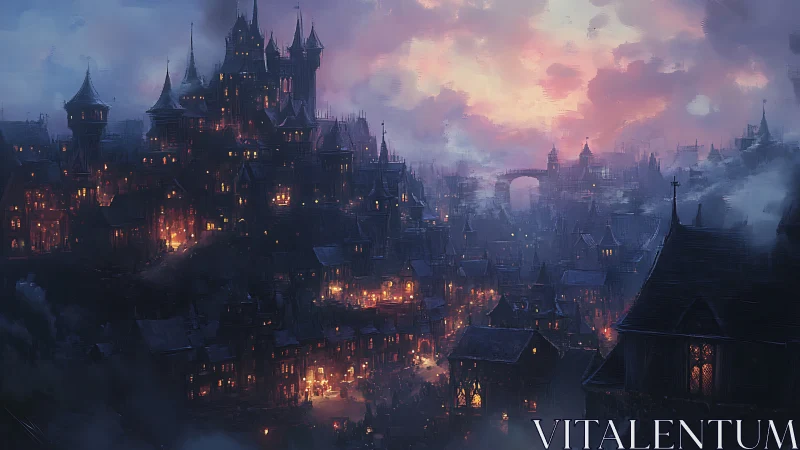 Cozy lantern lights glow across a misty twilight cityscape.