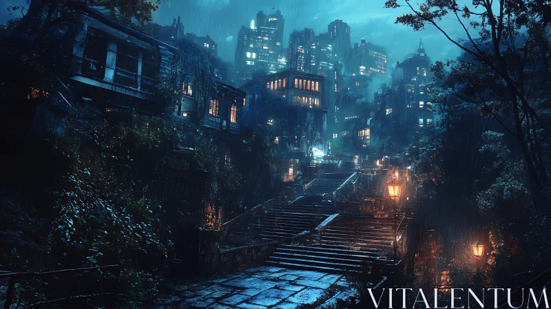 Rainy city stairway glowing with cozy lantern-lit warmth.