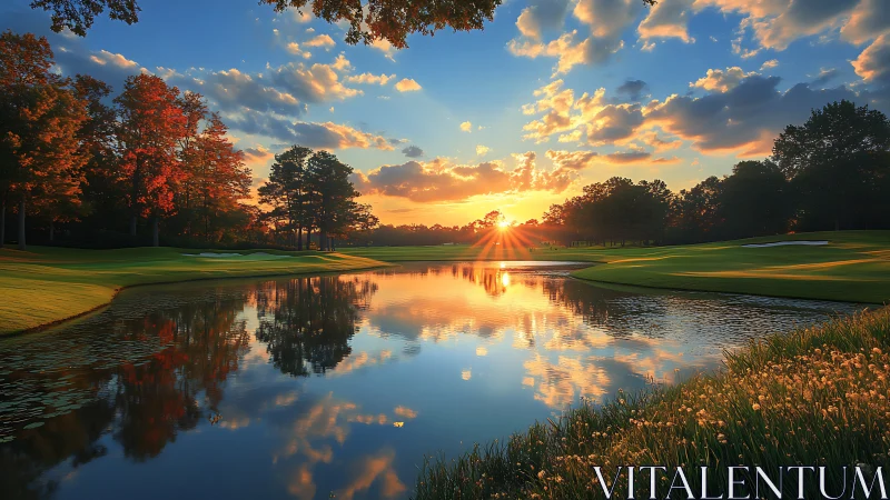 Golflandscape sunrise with mirrored water reflections and autumn foliage