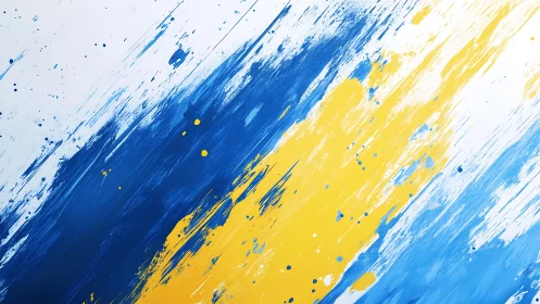 Abstract blue and yellow paint streaks on white canvas background.