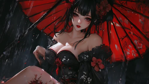 Gothic anime maiden under crimson parasol in nighttime rain