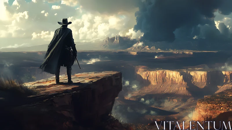 Digital painting western wanderer atop cinematic desert canyon.