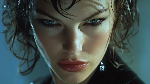 Close wet-haired female portrait with sharp frontal lighting.