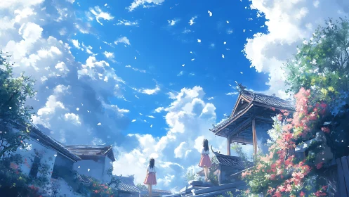 Summer sky crowns quiet village rooftops and blossoms.