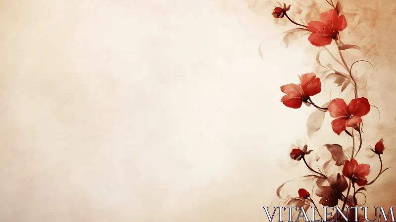 Red Floral Vines Against Warm Sepia Backdrop.