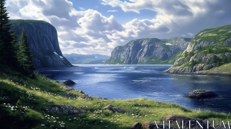 Glacial fjord inlet with alpine cliffs and wildflower shoreline