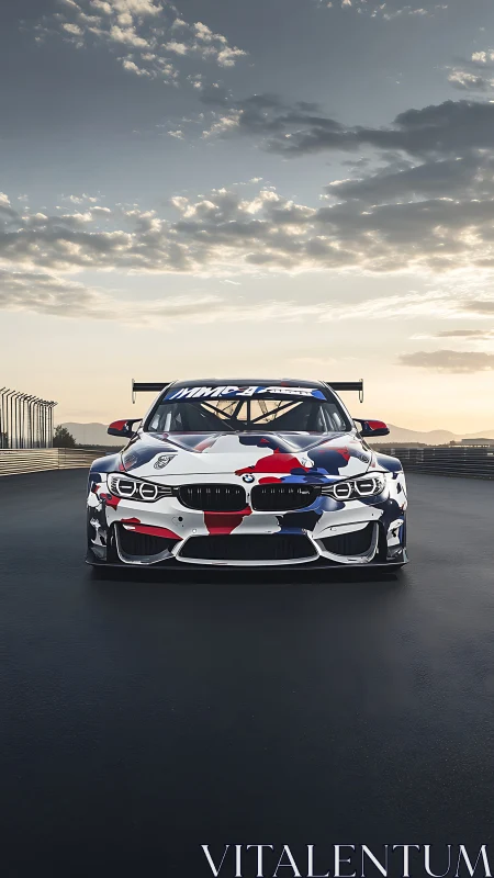 Track-ready race car stands poised under a calm sunrise sky