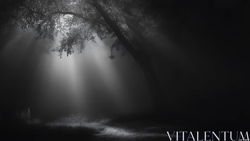Volumetric light beams through dense canopy in misty forest