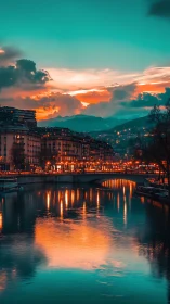 Chromatic riverfront skyline under cyan-orange twilight gradient.