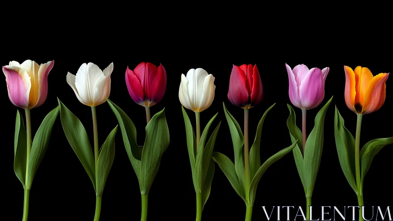 Seven Tulips Against Black Background