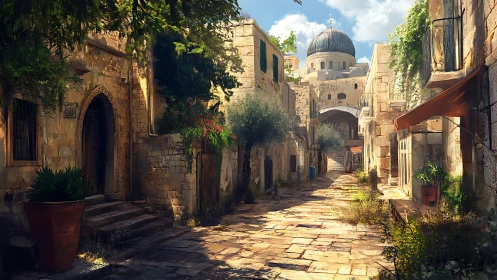 Sunlit old-town alley humming beneath a distant dome.
