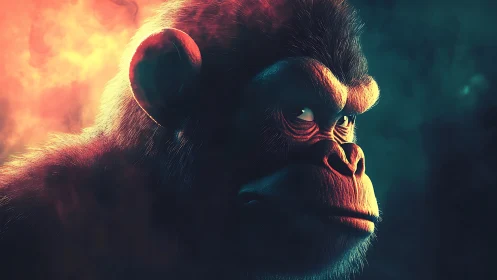 Cinematic 3D gorilla portrait glows in dramatic bicolor smoke