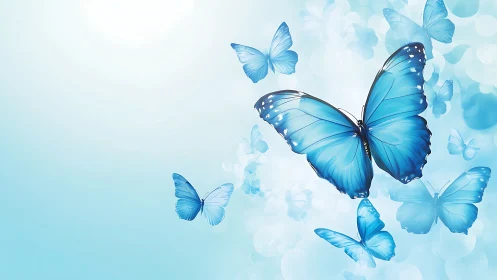 Vivid blue butterflies glide through bokeh-lit pastel air