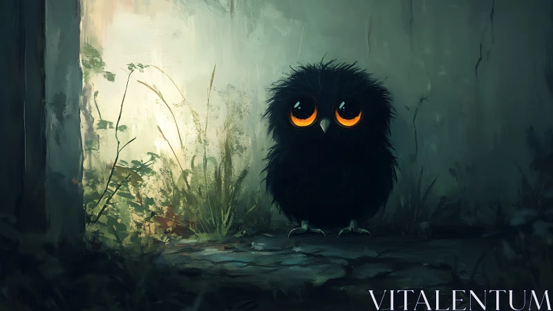 Wide eyed black owl in dim overgrown stone passage.