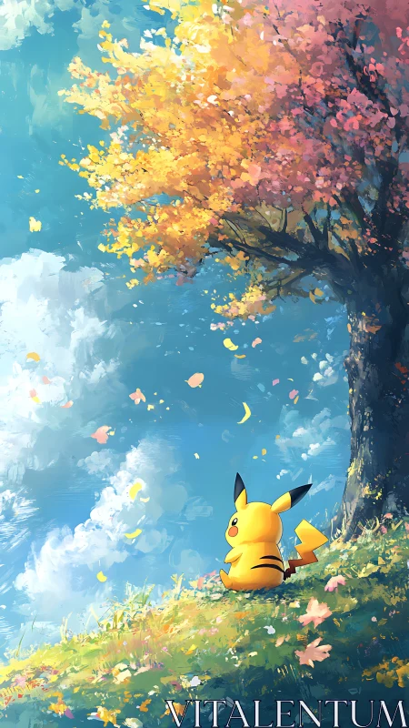 Pikachu under luminous autumn tree in painterly landscape.